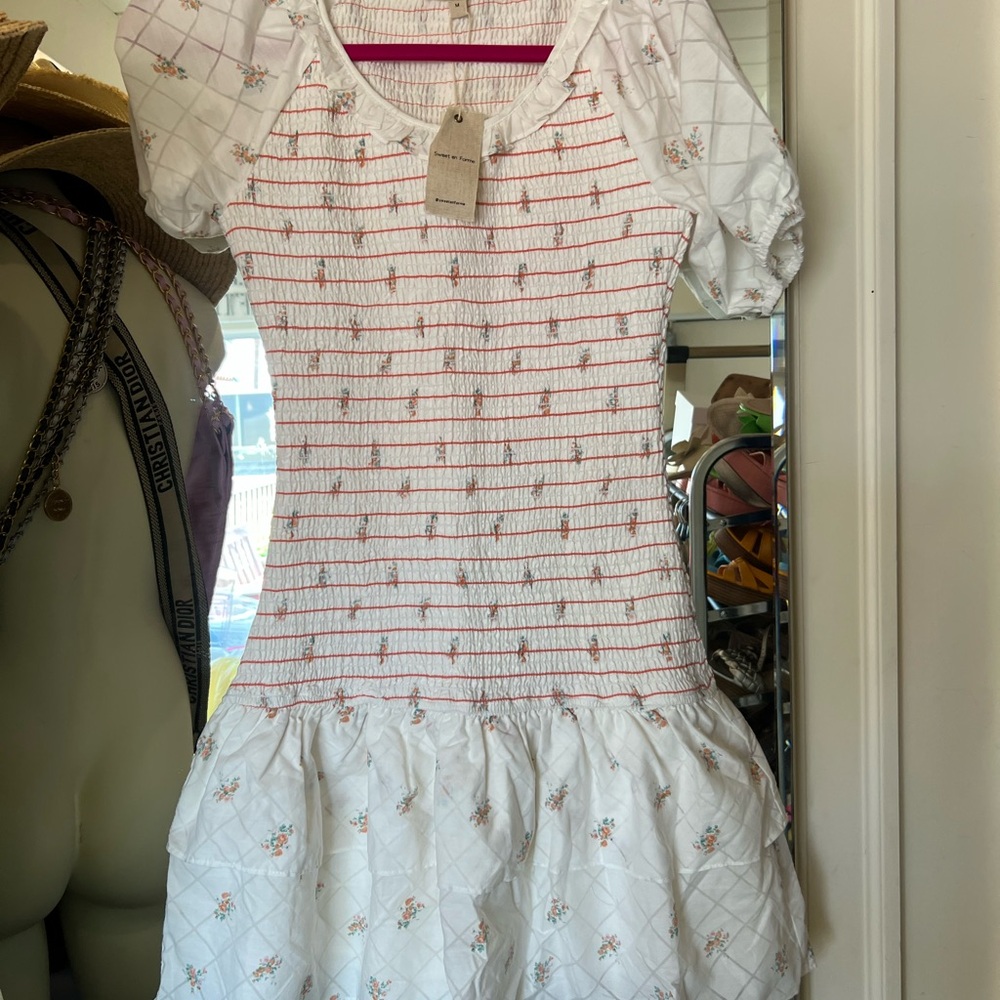 Pink and White Ruffled Puff Sleeve Mini Sundress